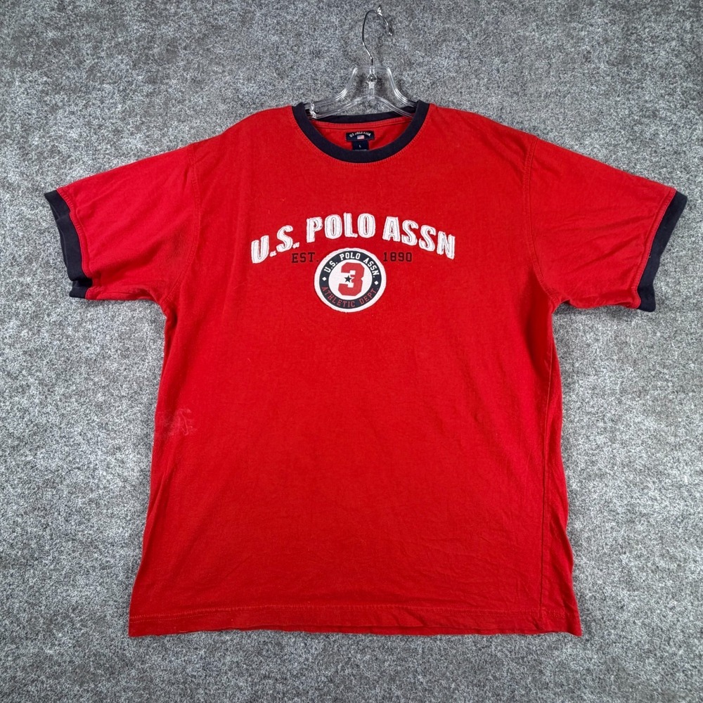 U.S. Polo Assn T Shirt Mens Large Red Athletic Dept Est 1890 Logo Patches Cotton